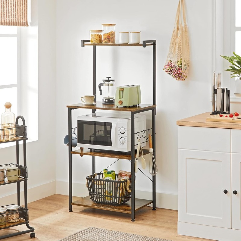 Rustic Brown & Black 3-Tier Bakers Rack with 6 S-Hooks - Stylish Kitchen Storage gallery