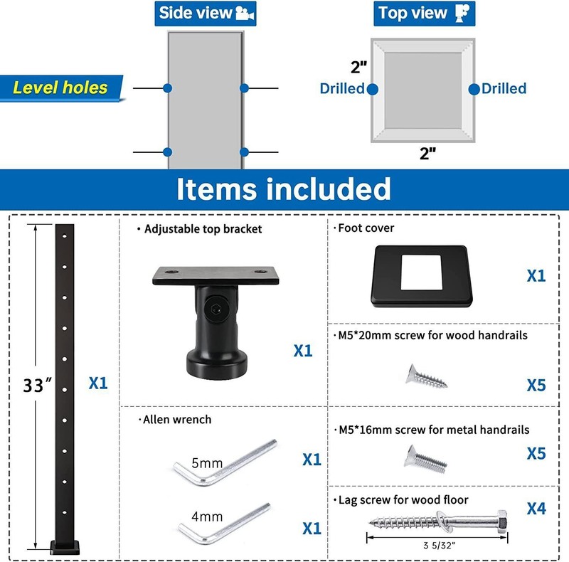 Level drilled Cable Railing Post 36"x2"x2"(Post Body 33") Stainless Steel Black gallery