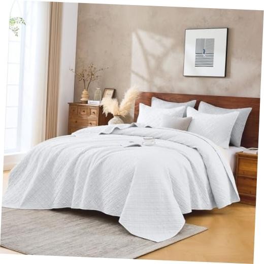 Quilt Set with Shams Lightweight Quilted Bedspread Coverlet Queen Linen White gallery