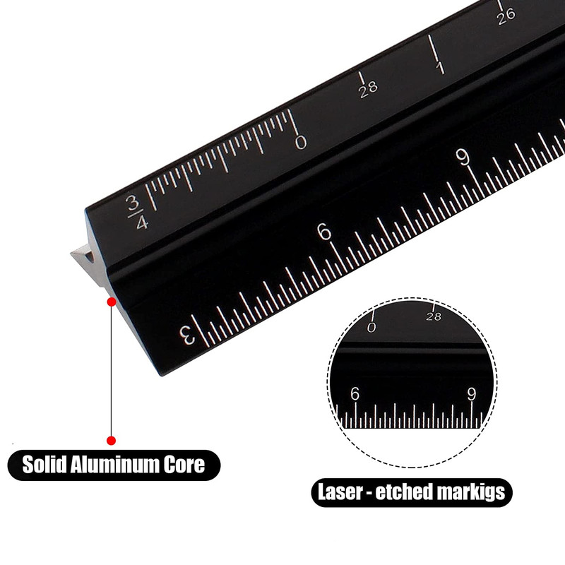 12 Aluminum Triangular Architect Scale Ruler with Laser-Etched Imperial Marks gallery