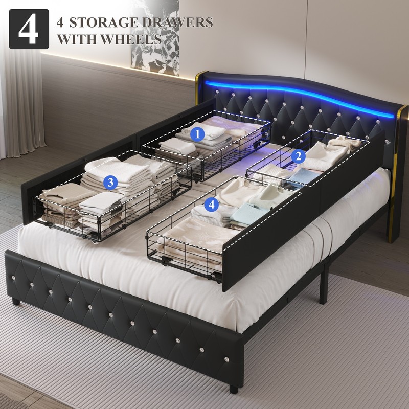 Bed Frame with upholstered headboard，4 Storage Drawers and Led,Charging station. gallery