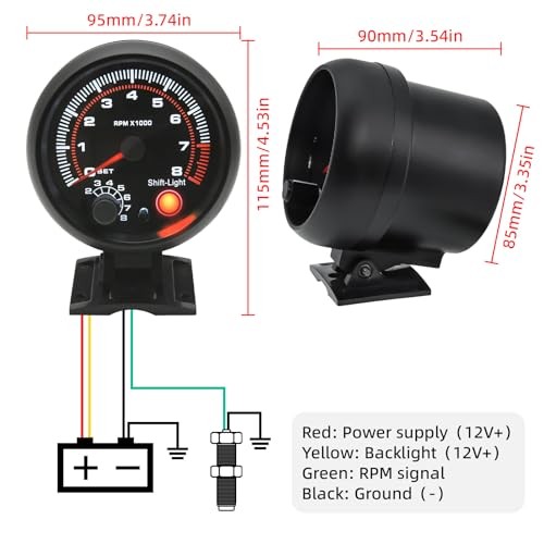 RPM Tachometer Gauge with Shift Light for Car 0-8000 RPM 3-3/4" 95mm Tach gallery