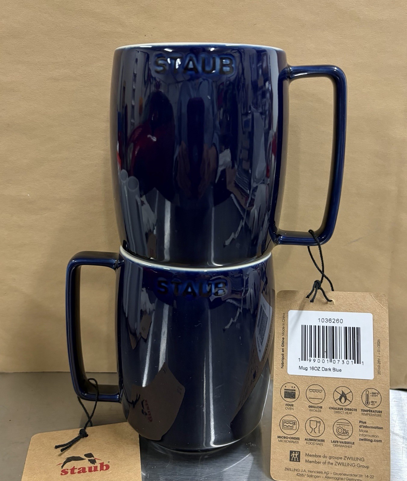 NEW - (2) Staub Dark Blue Stacking Mugs, 16 Oz. gallery