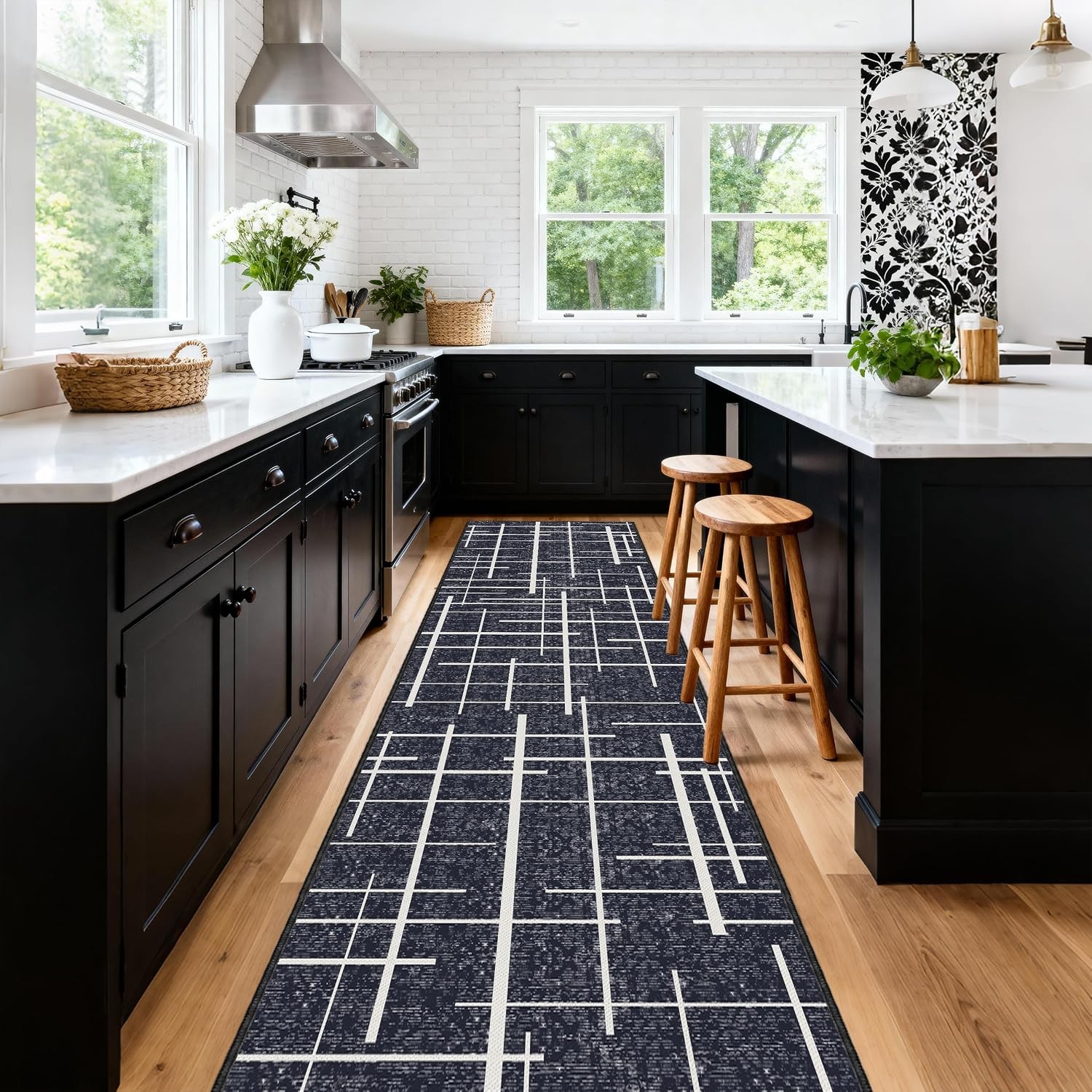 Non Slip Hallway Runner Rug 2.6x12, Modern Distressed Stripe, Washable Extra Lon gallery