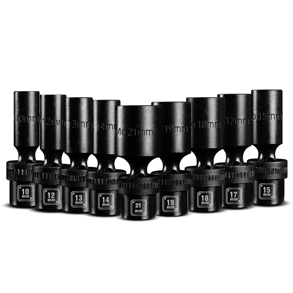 3/8" Drive Deep Impact Swivel Socket Set, 9 PCS 10-21mm Flexible Wobble Socket