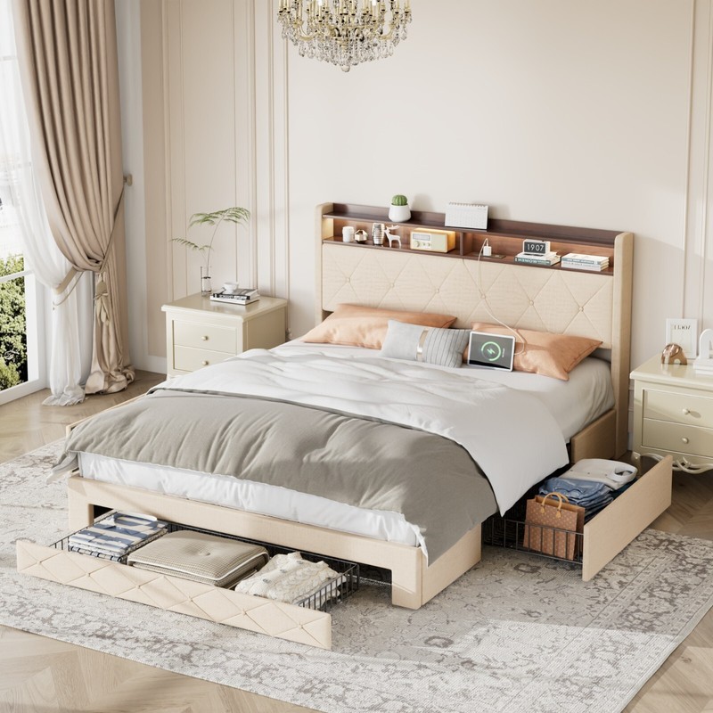 Full Queen Size Bed Frame with 4 Storage Drawers Wood Platform Velvet Headboard gallery