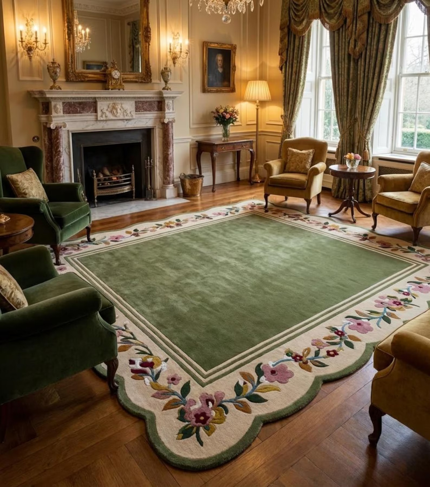 Hand Tufted Wool Area Rug Green Scalloped Border Floral Vintage Cottage Carpets gallery