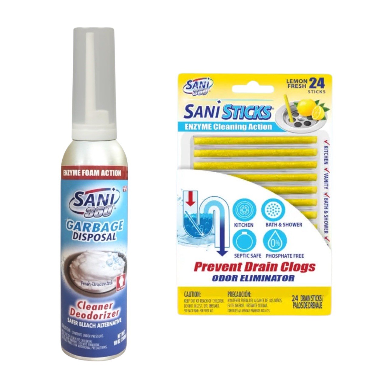 SANI 360° Garbage Disposal Cleaner, Unscented, 10oz & Sani Sticks, Lemon, 24ct gallery