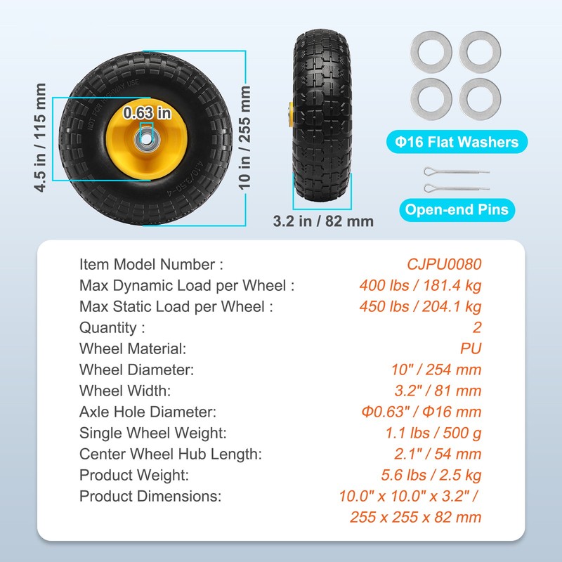 VEVOR Solid PU Run-Flat Tire Wheel Flat Free Tubeless Tire 10" 2-Pack 400 lbs gallery