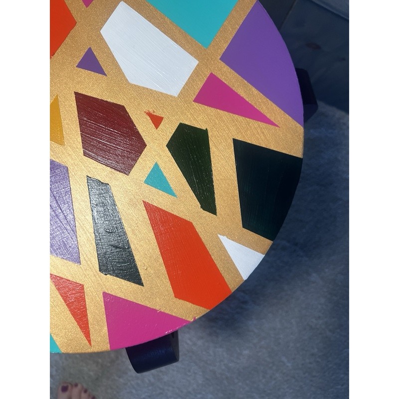 Hand-Painted Side Table Unique Colorful Navy Blue Legs Gold Geometric Boho gallery