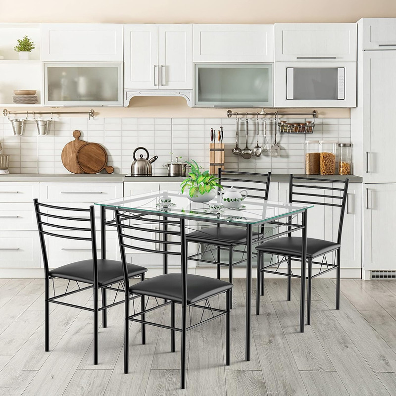 5-Piece Black Dining Set with Tempered Glass Table and 4 Chairs for Kitchen gallery