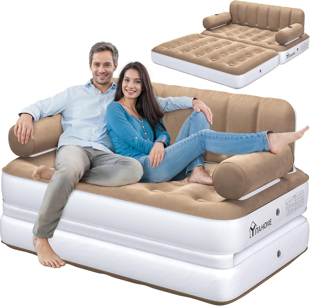Queen Size Inflatable Sofa Bed with Headboard and Pump, Convertible Blow up Couc
