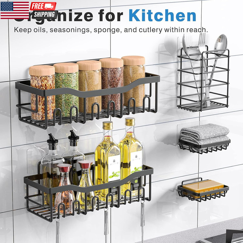 Adhesive Shower Caddy, 5 Pack Rustproof Stainless Steel Bath Organizers with Lar gallery