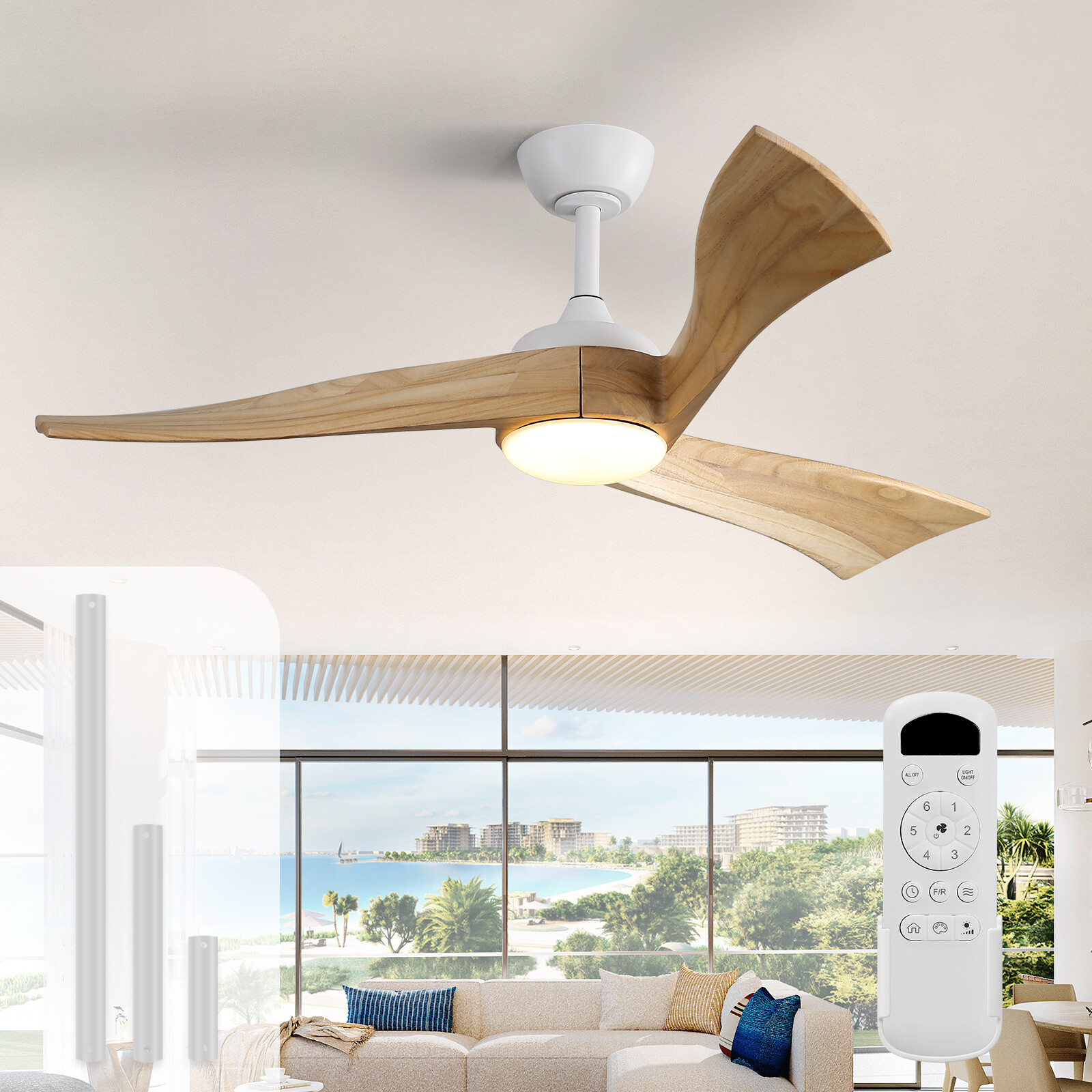 Sofucor 3 Solid Wood Ceiling Fan with Lights and Remote 3 Downrods High CFM Fan gallery