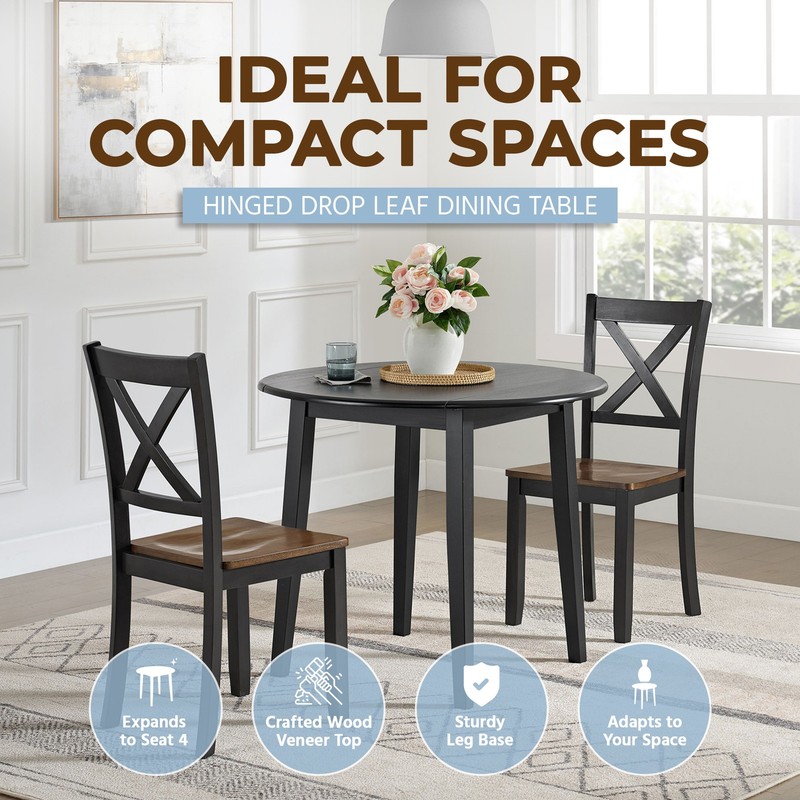 ROME + OAK Hinged Drop Leaf Dining Table, 22 to 36 Inch Round Tabletop, Black gallery