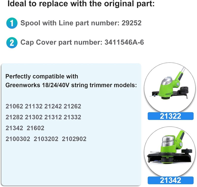 GreatBuddy 8 Pack 29252 Trimmer Spool for Greenworks 20V 40V with 1 Cap 16ft gallery