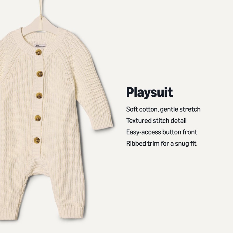 Amazon Essentials Unisex Babies' Cotton Knit Playsuit, Ivory, 3-6 Months gallery