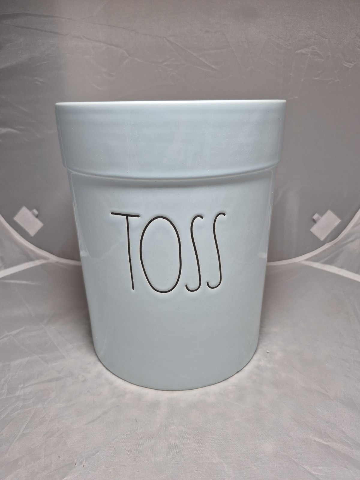 💥 Rare LRG Rae Dunn "TOSS" Light Blue Ceramic Trash Can Wastebasket NEW gallery