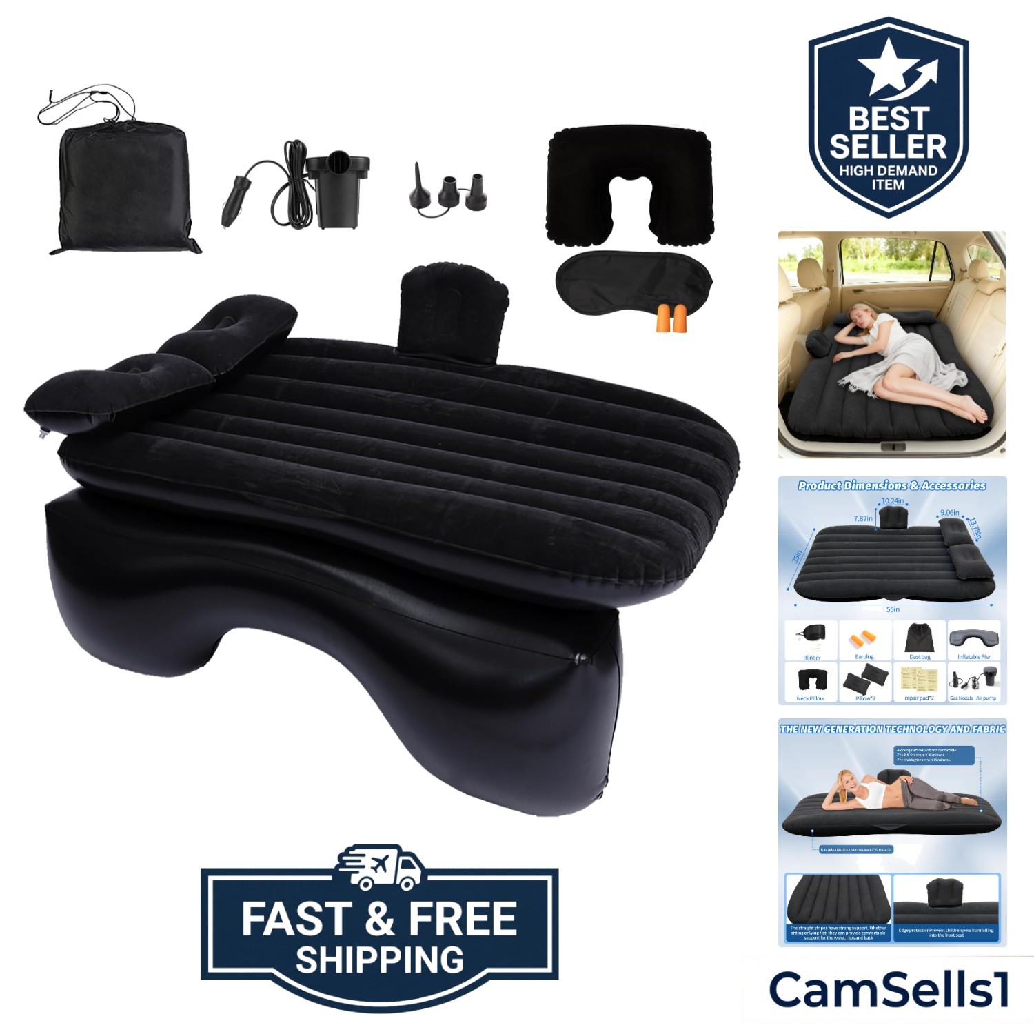 Inflatable Car Air Mattress Back Seat Bed with Air Pump,55" L x 35" W Portabl... gallery
