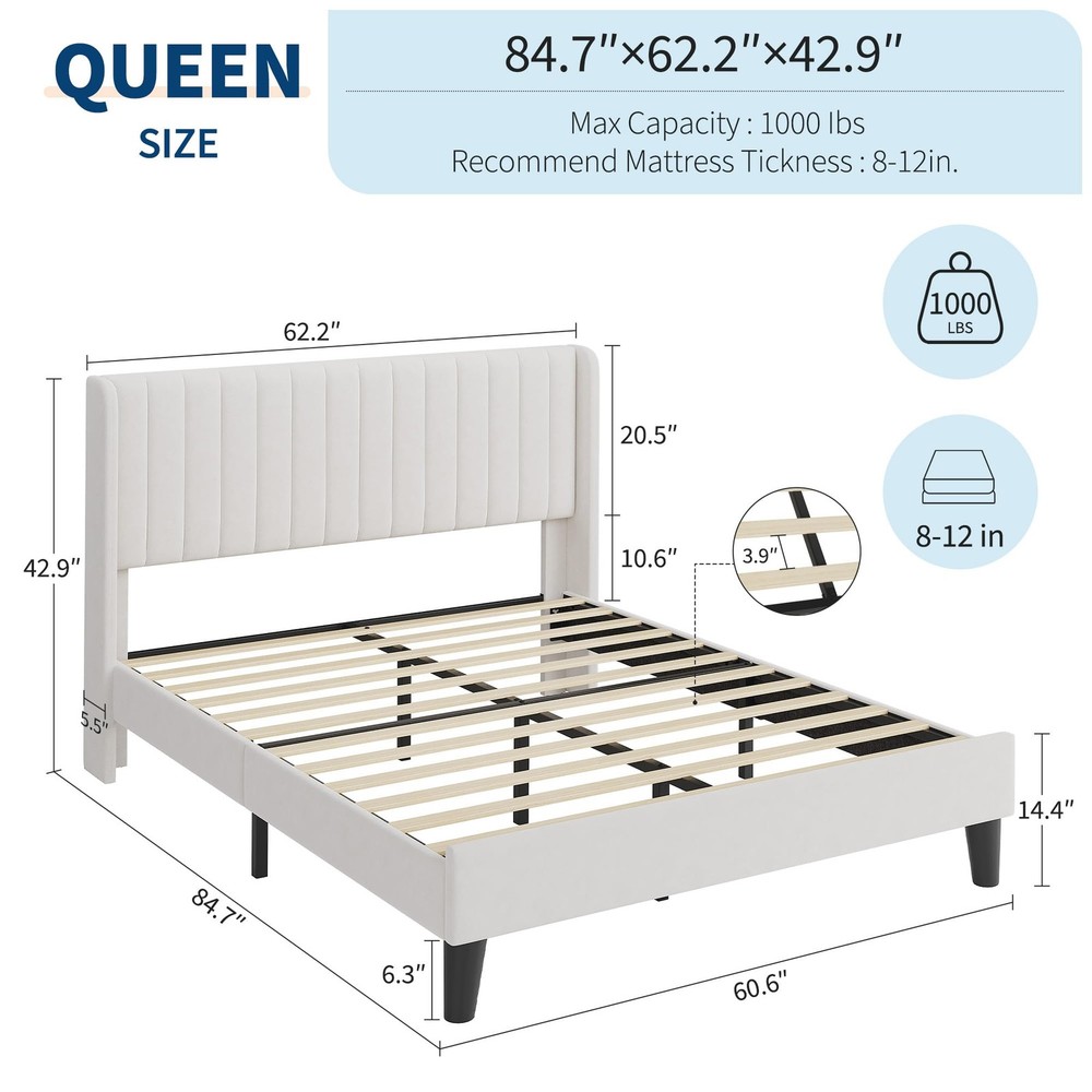 Queen/Full Size Platform Bed Frame W/Upholstered Headboard,Under Bed Storage NEW