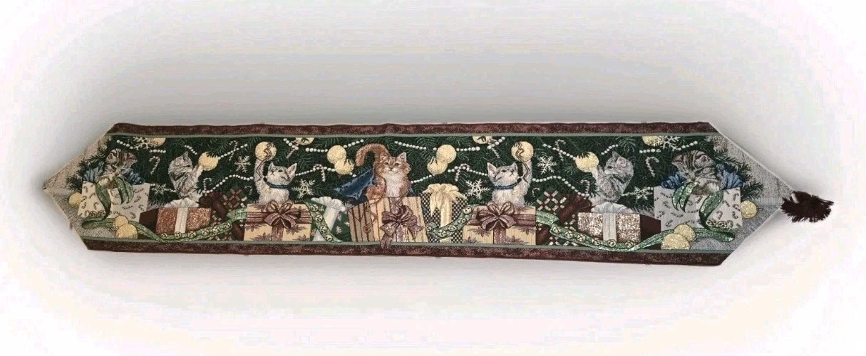 Tapestry Style Christmas Holiday Table Runner Cats Kittens 63" X 13" gallery