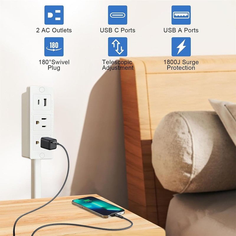 Electrical Outlet Extender Features USB-A, USB-C, and 2 AC Electrical Outlet Ext gallery