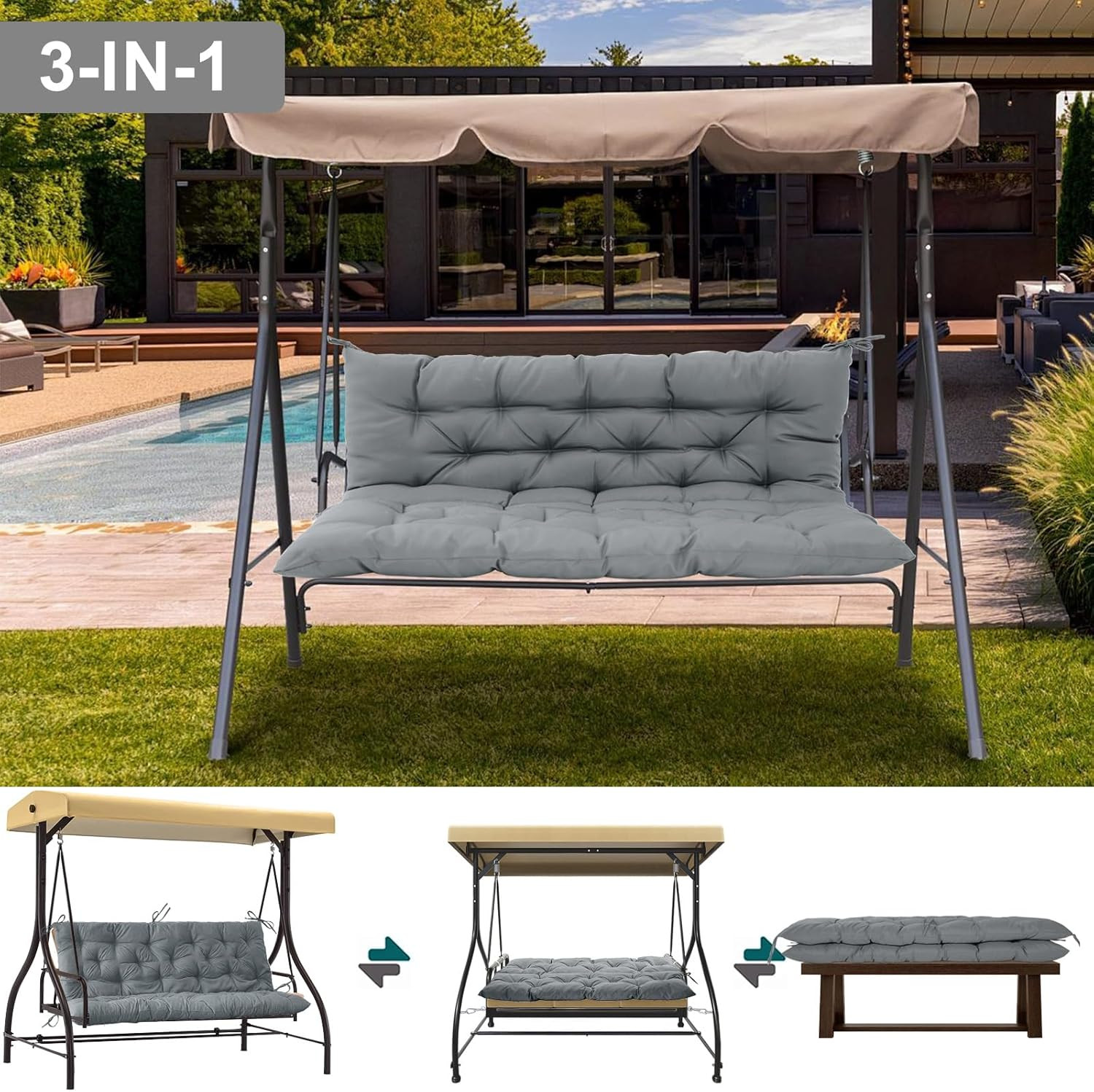 Porch Swing Cushion Waterproof Swing Cushions 4" with Ties (Light Gray, 40X60In) gallery