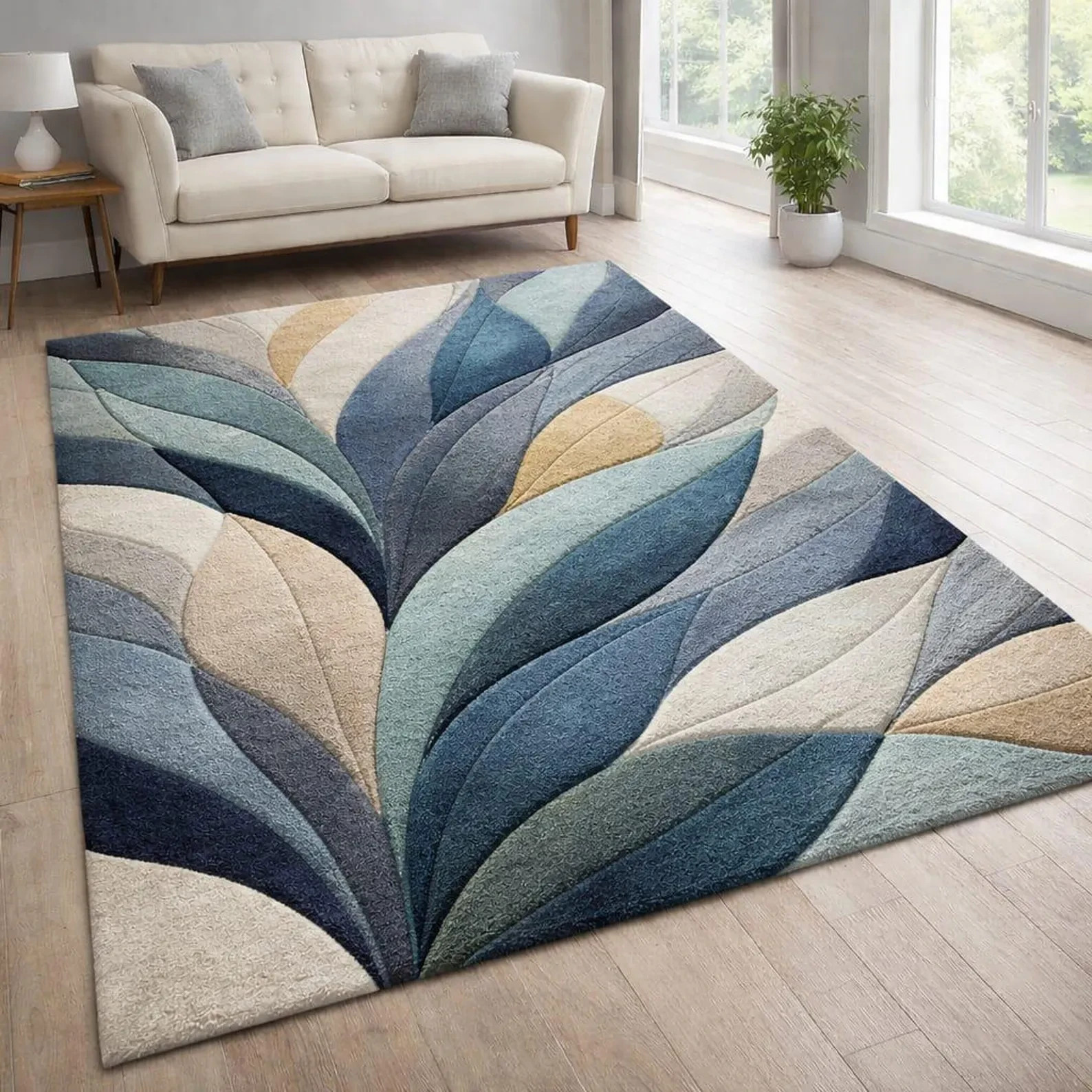 Hand Tufted Wool Area Rug, Abstract Leaf Design, Blue Beige Contemporary Carpet gallery