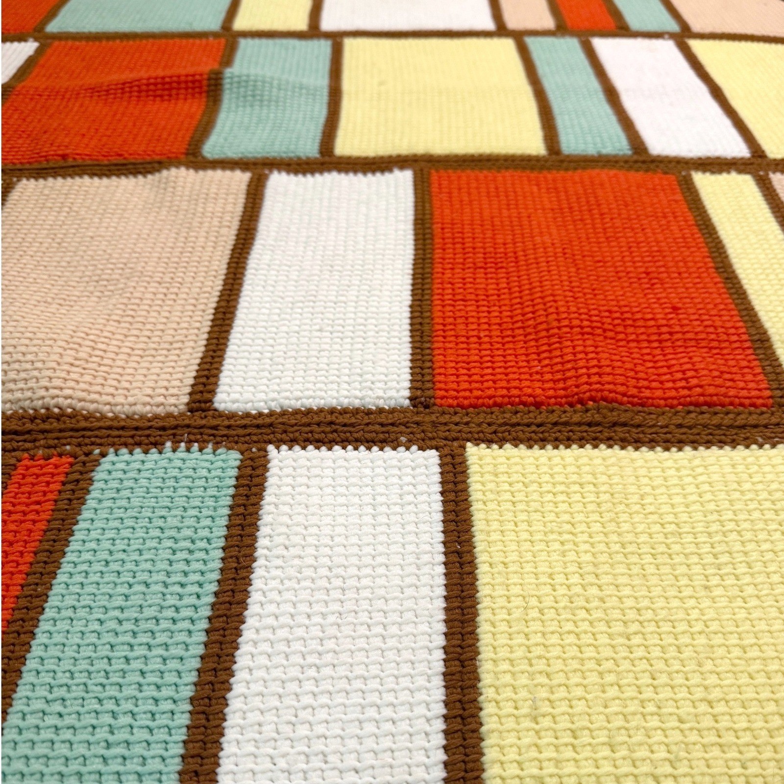 VTG MCM Mid-Century Square Crochet Afghan Blanket 54x63 Orange Geometric Retro gallery