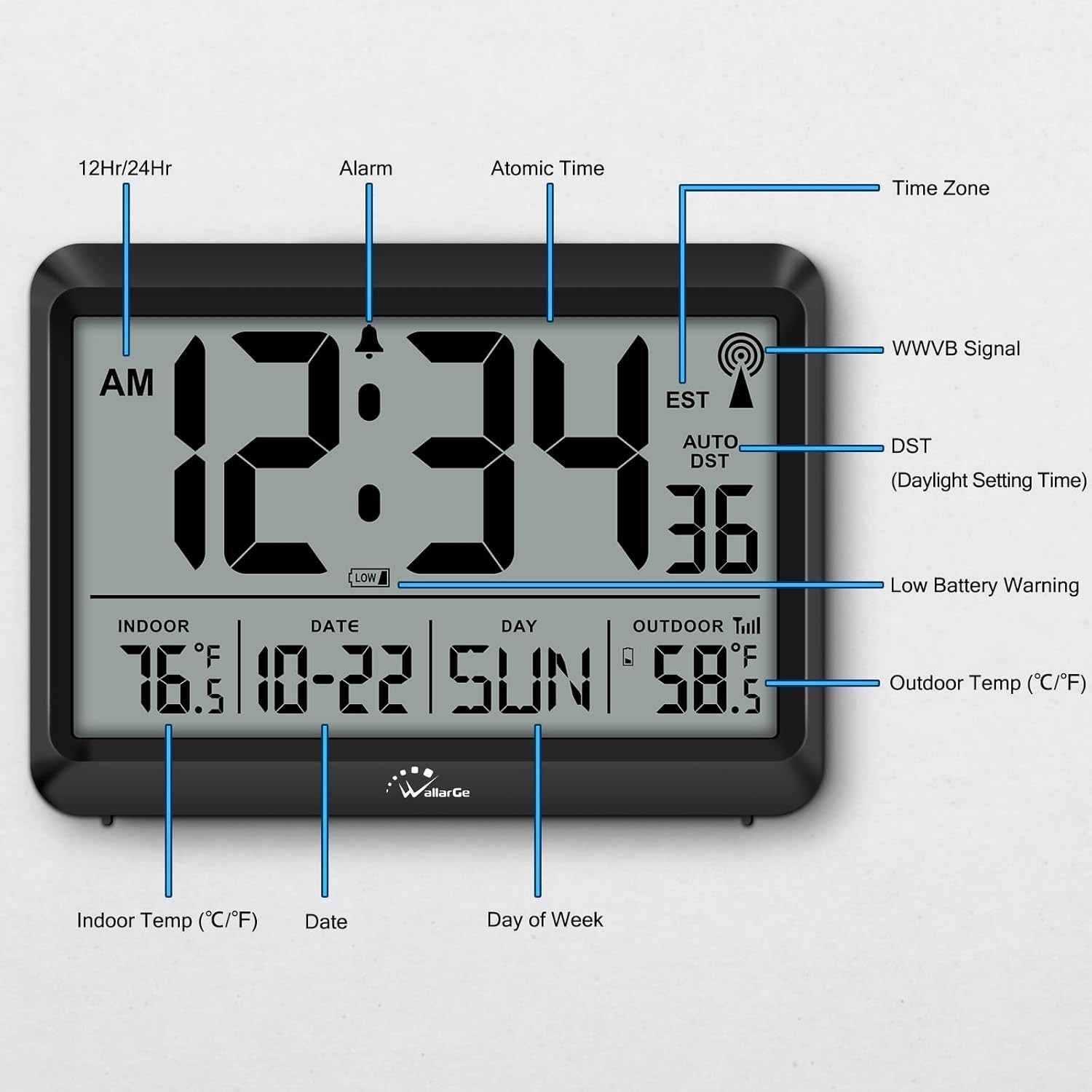 WallarGe Atomic Clock with Indoor Outdoor Temperature, Self-Setting Wall Clock gallery