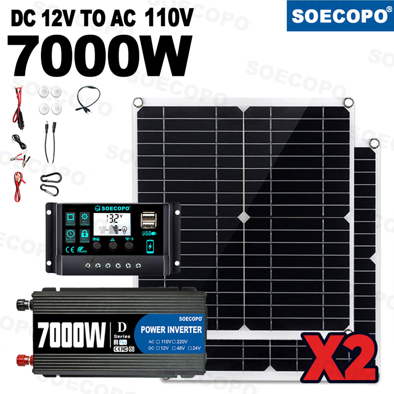 Complete 7000W Off-Grid Solar Kit 7000W Inverter 2pcs 300W Solar Panels 110V/220 gallery