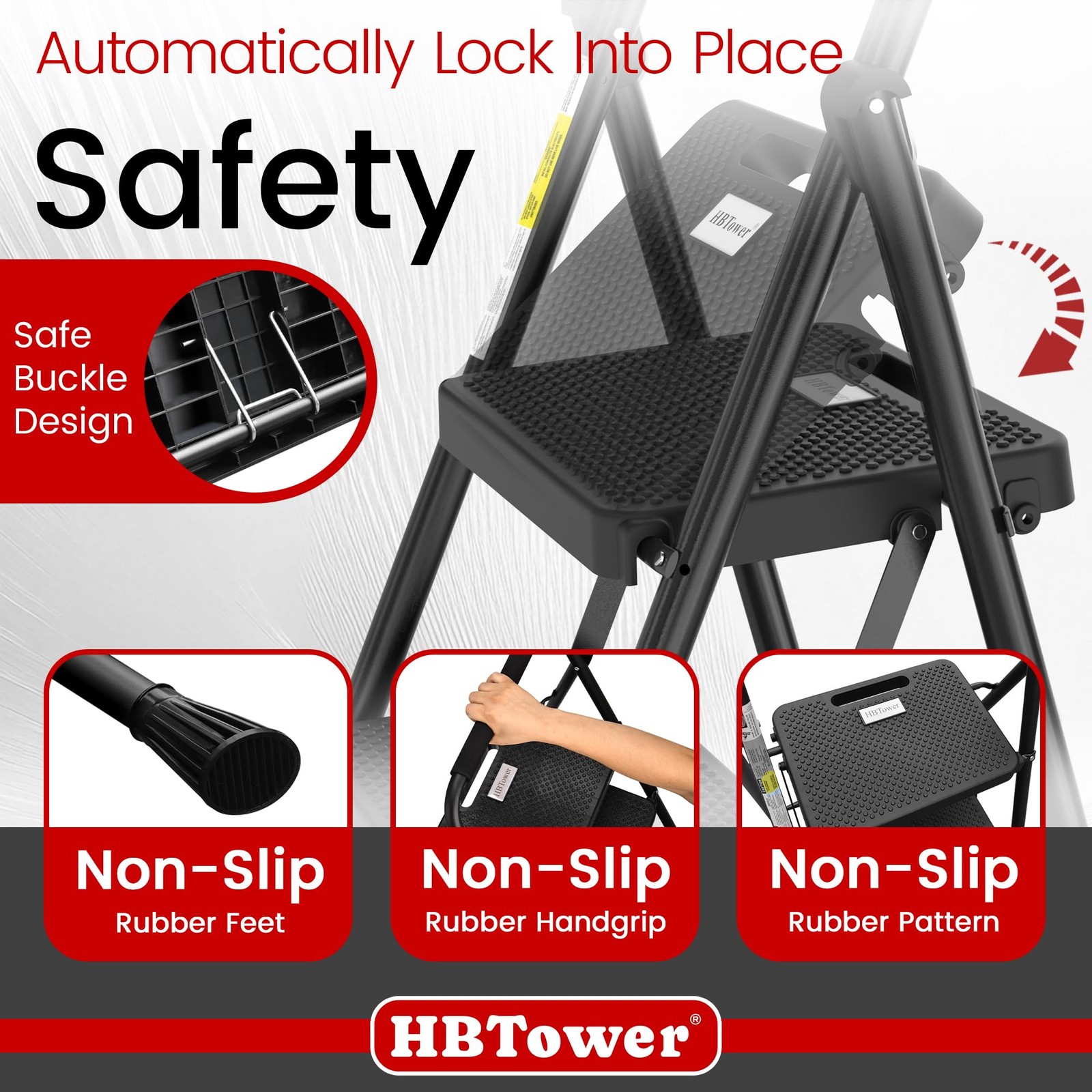 HBTower Step Ladder, Folding Stool with Wide 3 Black gallery