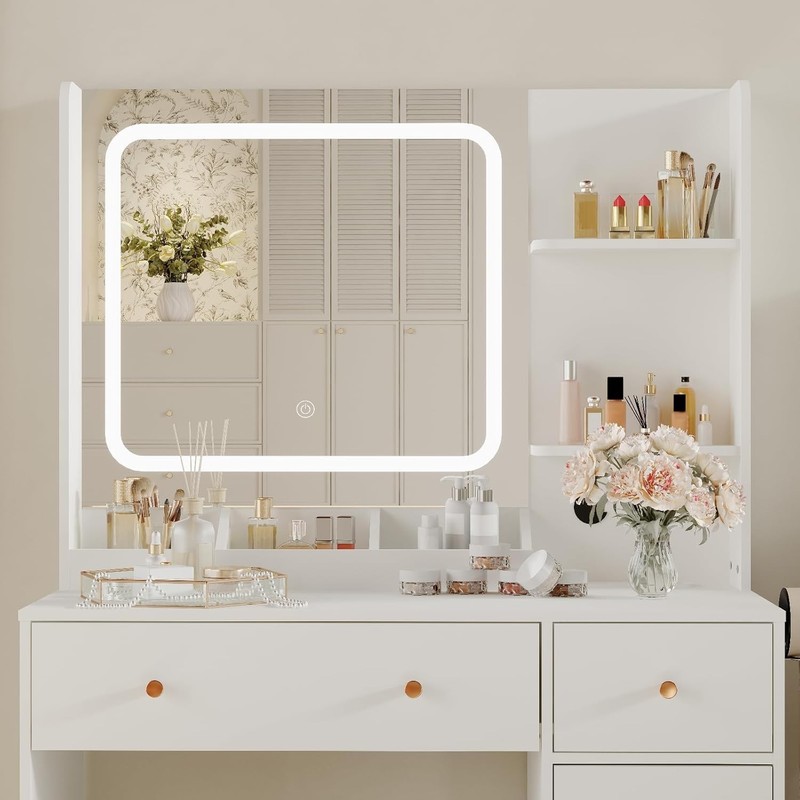 GARVEE LED Dressing Table with 2 Drawers, Hair Dryer Rack & Adjustable Lights gallery