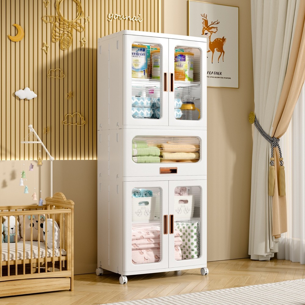 Stackable Plastic Storage Cabinet Foldable Storage Bins with Doors and Wheels