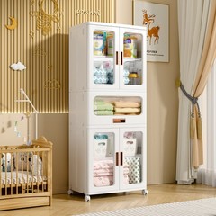 Stackable Plastic Storage Cabinet Foldable Storage Bins with Doors and Wheels