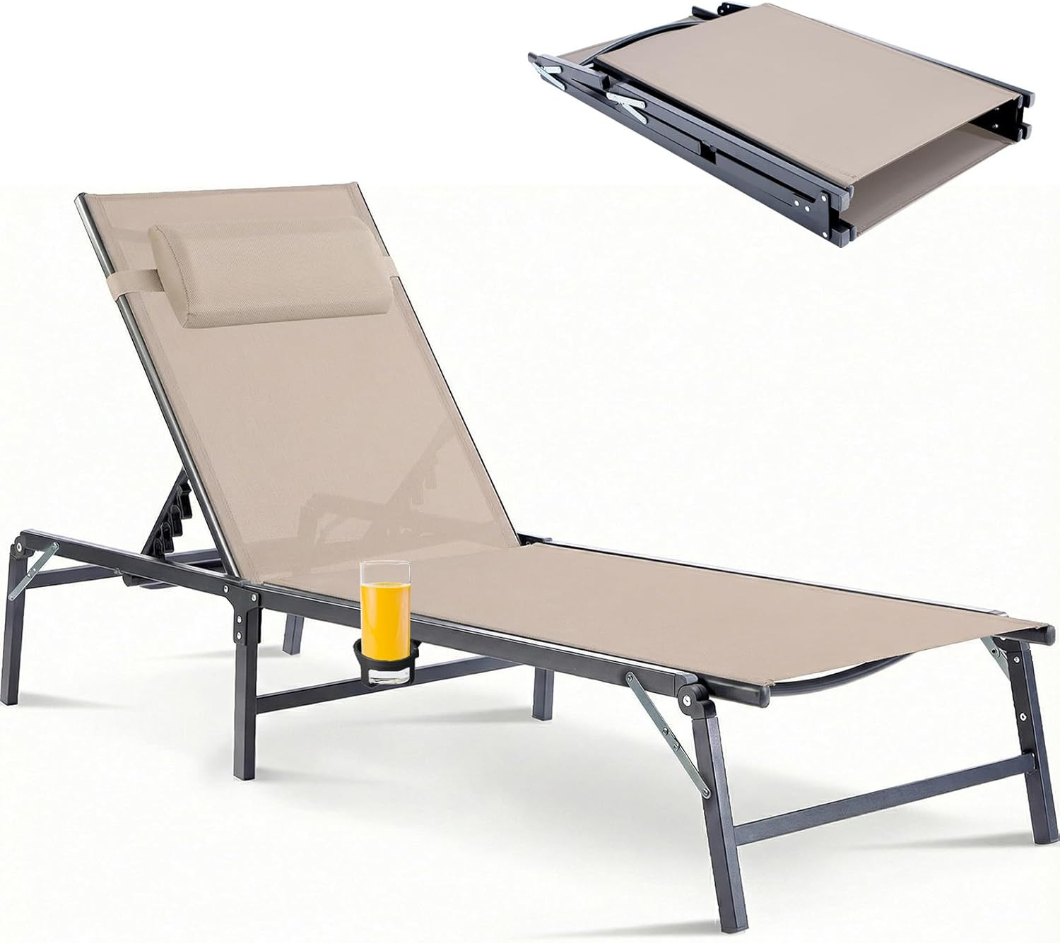 Foldable Chaise Lounge Chair with Cup Holder & Adjustable Backrest gallery