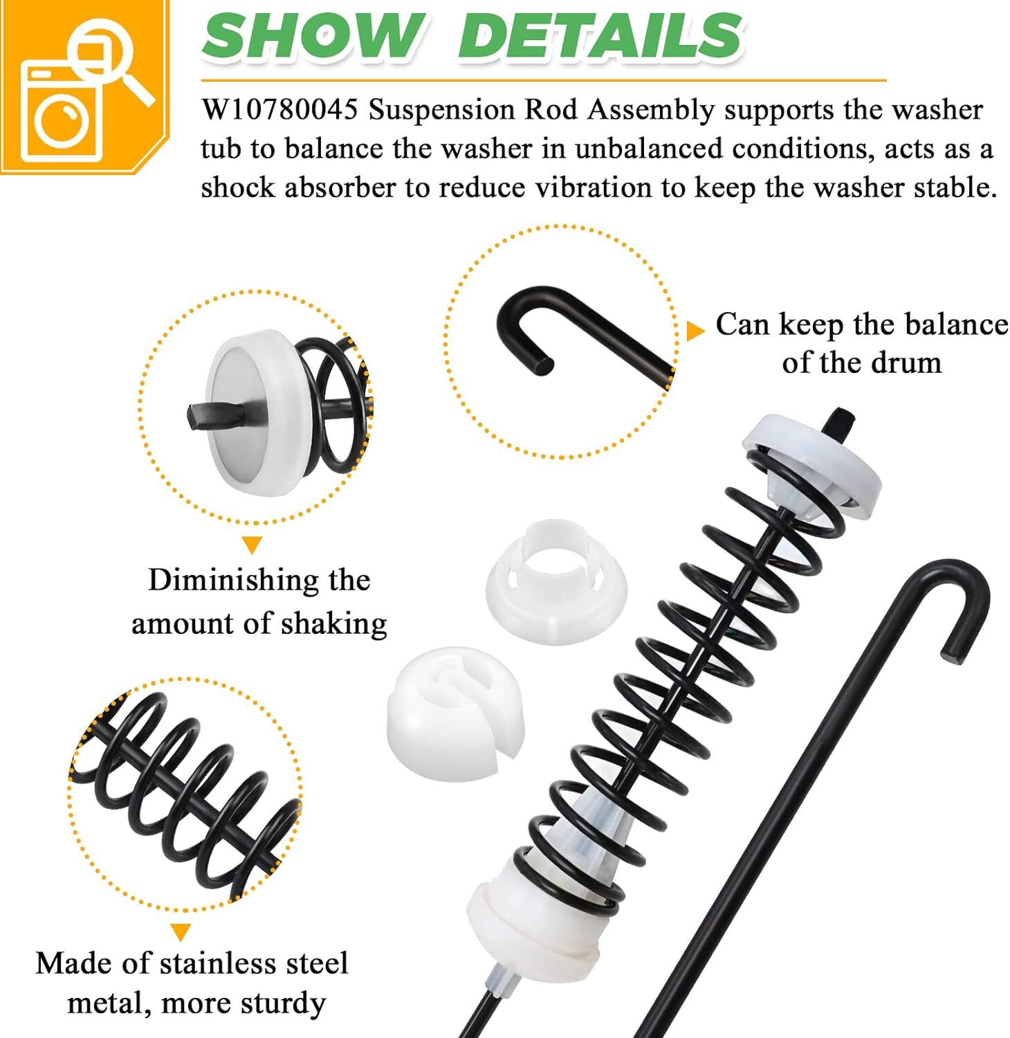 Suspension Rod Kit For Whirlpool 2DWTW4705EW3 WTW4815EW1 7MWTW1905DW1 Washer gallery