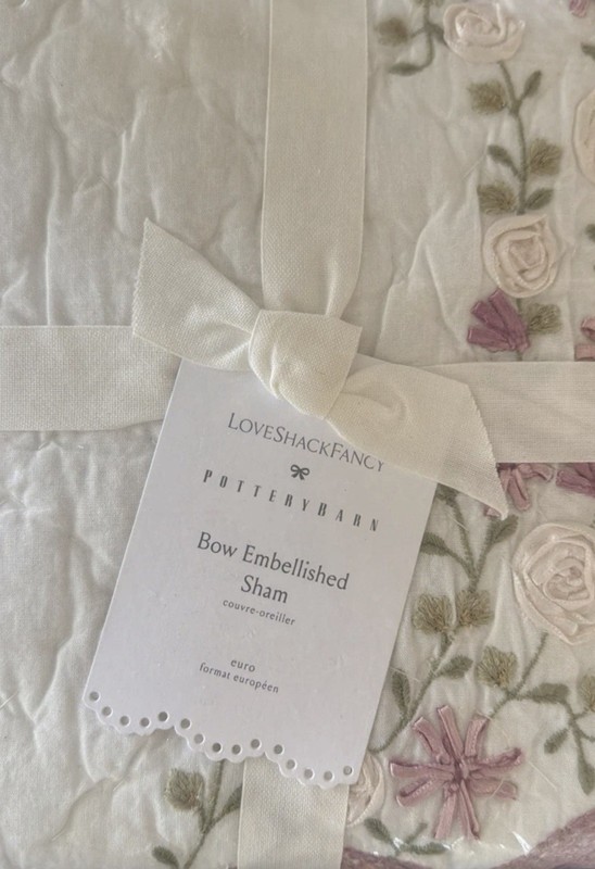 3 PCs Set Pottery Barn LoveShackFancy Bow Embellished Quilt Queen + 2 Euro Shams gallery