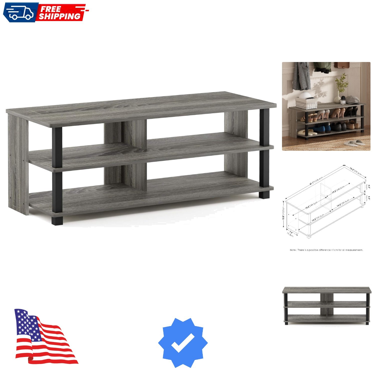 Sully 3-Tier Stand for TV Up to 48 Inch, French Oak Grey/Black gallery