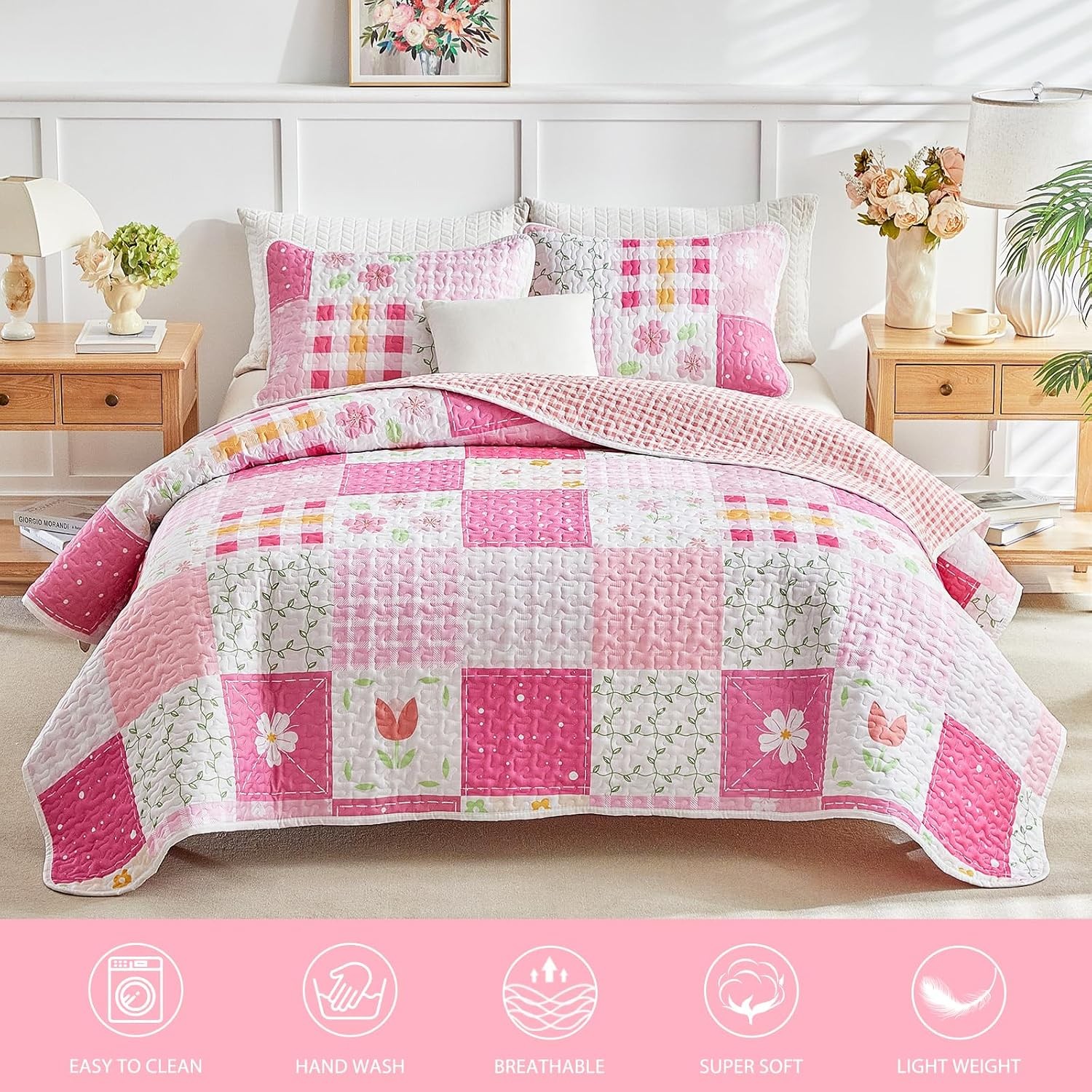 Patchwork Quilt Set Twin Size 2 Pieces White Pink Floral Plaid Reversible Americ gallery