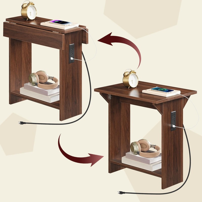End Table with Charging Station, Foldable Narrow Side Table, Narrow Nighstand... gallery