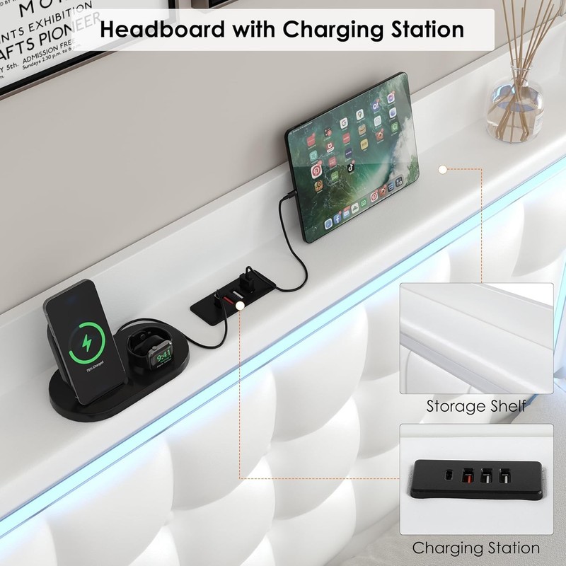 Queen Floating Bed Frame with LED Lights and Charging Station, Pu Leather Platfo gallery