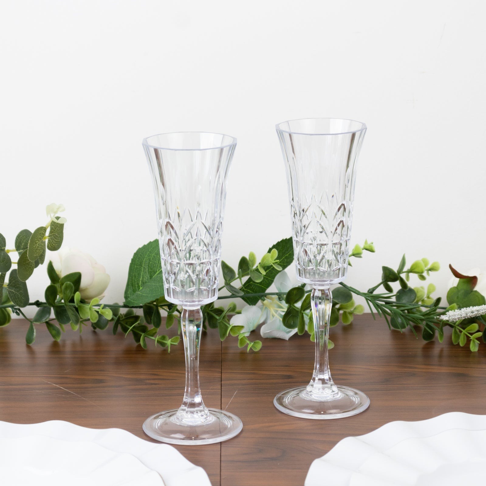 6 CLEAR Shatterproof 6 oz Plastic Champagne Flutes with Embossed Leaf Pattern gallery
