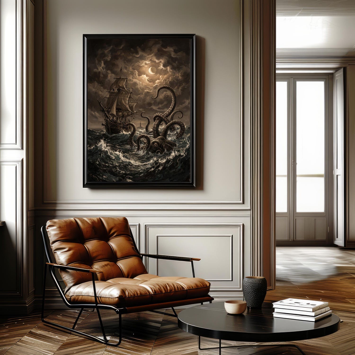 Kraken Ship Poster Moonlit Ocean Dark Academia Wall Art Print gallery