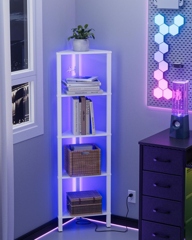 Corner Shelf with LED Light, 5-Tier Corner Bookshelf, Narrow Display Shelf with gallery