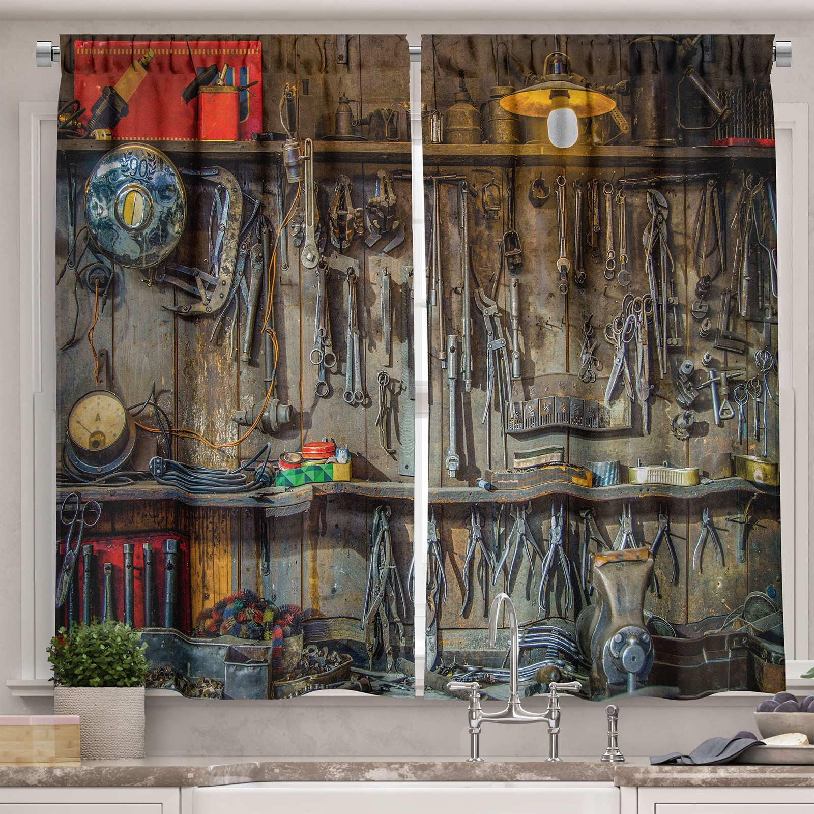Man Cave Long Kitchen Curtains, Vintage Style Tools Hanging on The Wall in a ... gallery