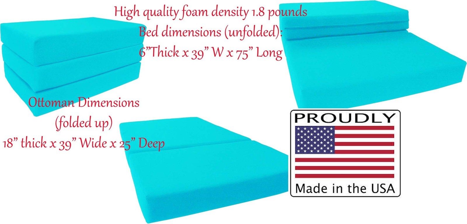 Queen Turquoise Trifold Foam Bed, Folding Mattress 6 x 60 x 80, 1.8 lbs Density gallery