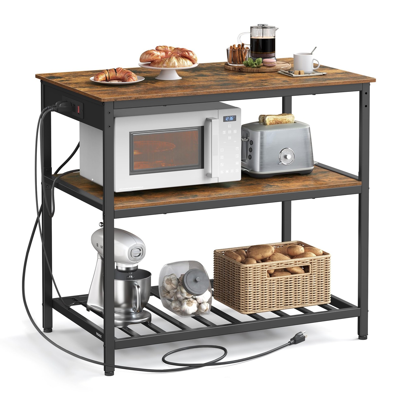 Kitchen Island 39.4 Width 3 Shelves Power Strip Rustic Brown Black UKKI105K01 gallery