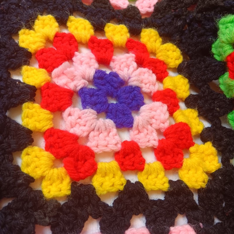 VTG Handmade Granny Square Afghan Blanket Crochet 47x62" Black Red Pink Blue gallery