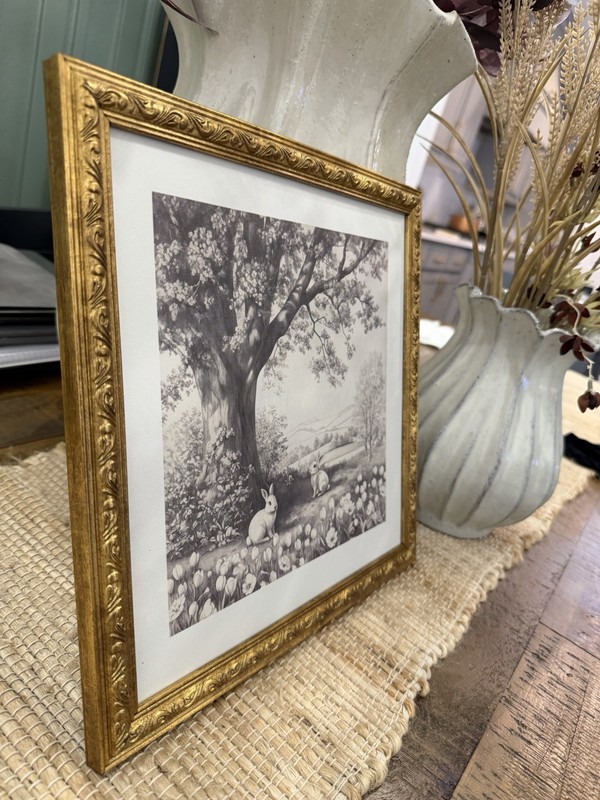 Bunnies in Nature Framed Easter Artwork, Black and White, 12" x 12", by My Texas gallery